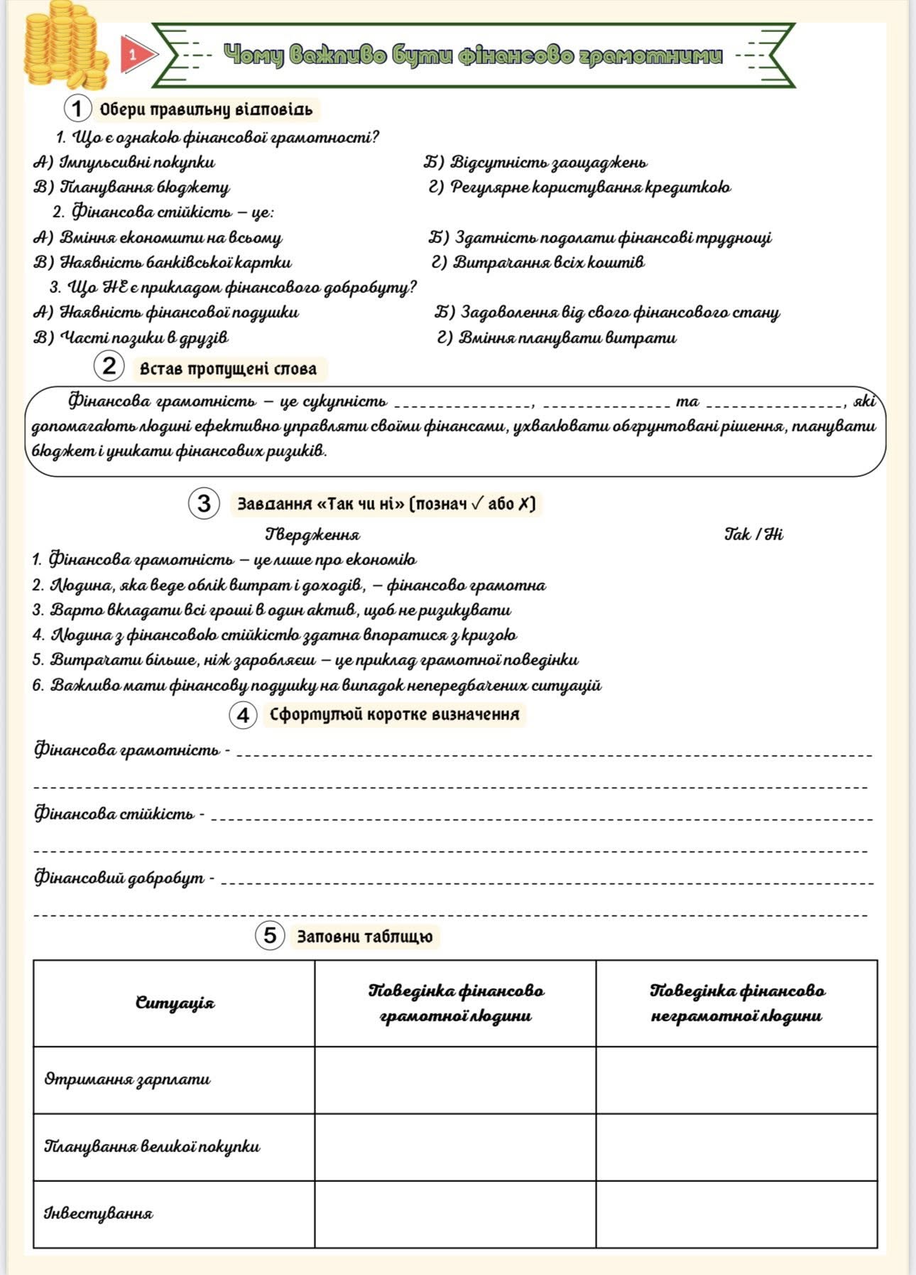 Робочий аркуш Підприємництво та фінансова грамотність 8 клас - зображення Skoln