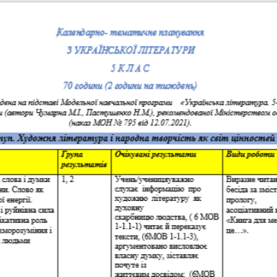 КТП Українська література 5 клас - зображення Skoln