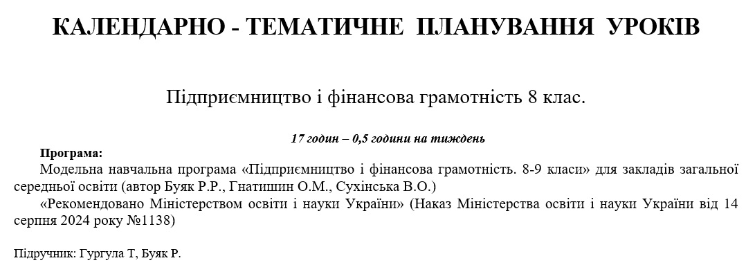 КТП Підприємництво та фінансова грамотність 8 клас - зображення Skoln