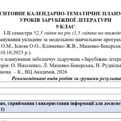 КТП Зарубіжна література 9 клас - зображення Skoln