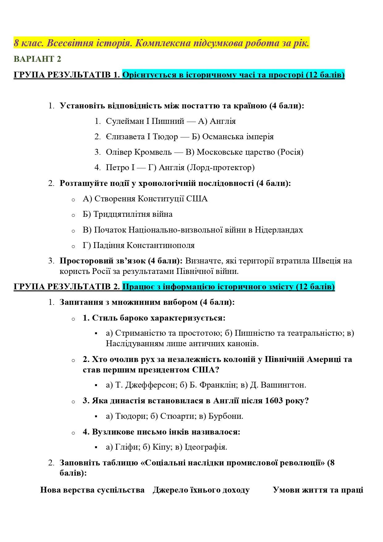 Контрольна робота Всесвітня історія 8 клас - зображення Skoln