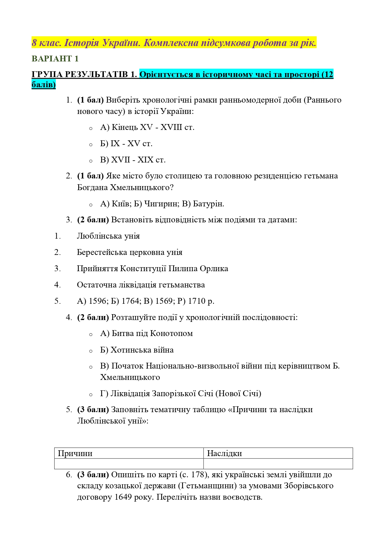 Контрольна робота Історія України 8 клас - зображення Skoln