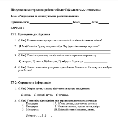Контрольна робота Біологія 8 клас - зображення Skoln