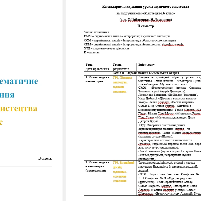 КТП Мистецтво 6 клас - зображення Skoln
