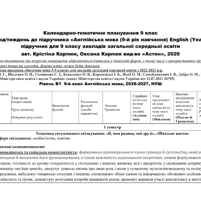 КТП Англійська Мова 9 клас - зображення Skoln