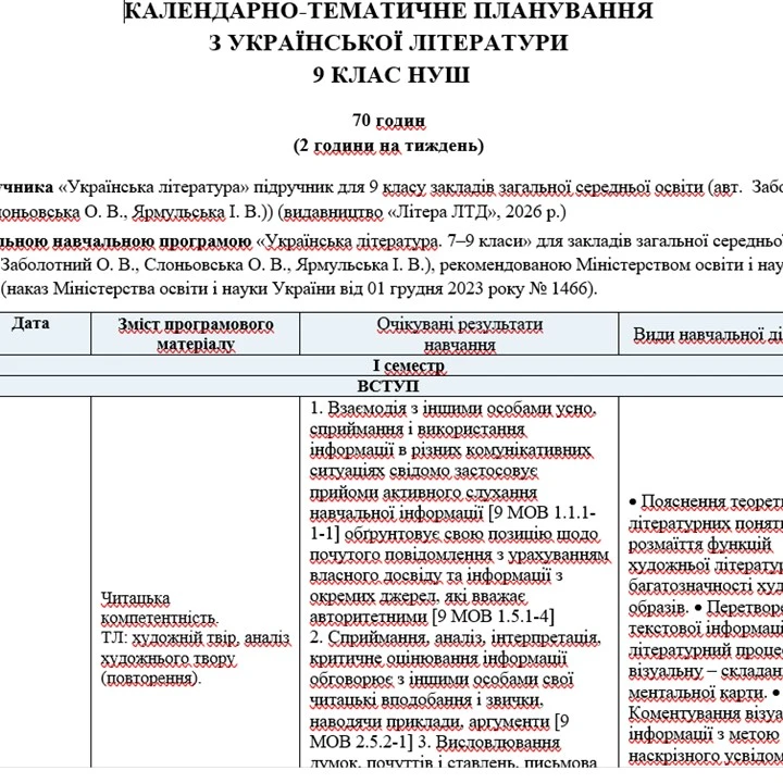 КТП Українська література 9 клас - зображення Skoln