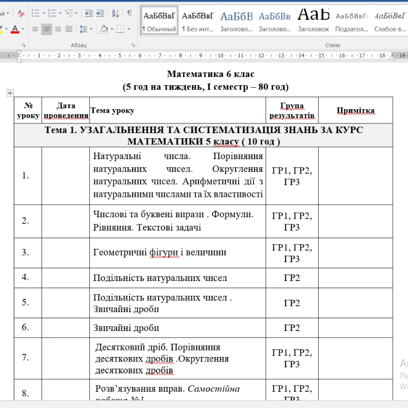 КТП Математика 5 клас, 6 клас - зображення Skoln