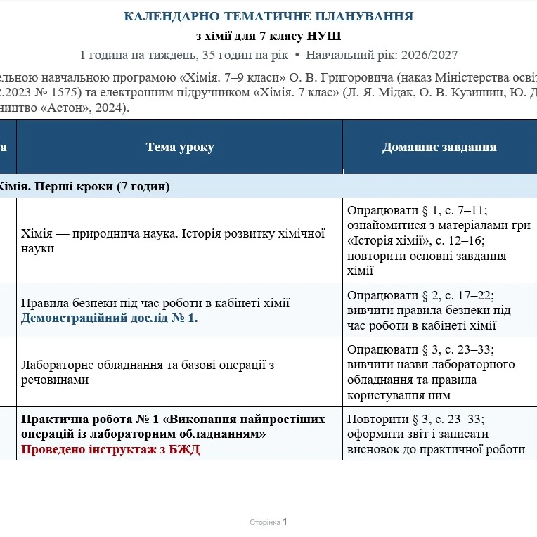 КТП Хімія 7 клас - зображення Skoln