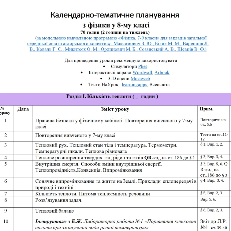 КТП Фізика 8 клас - зображення Skoln